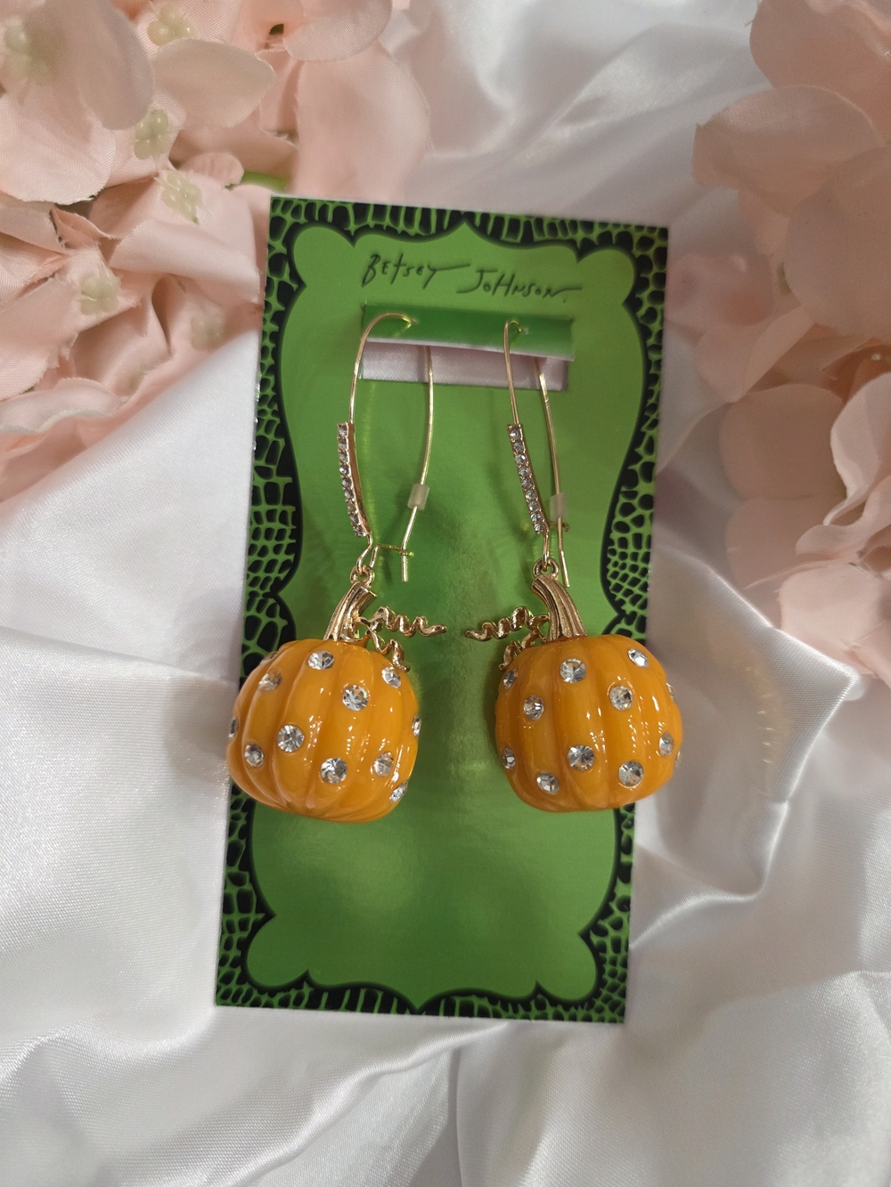 Betsey Johnson Yellow Pumpkin Drop Earrings with Crystal Accents